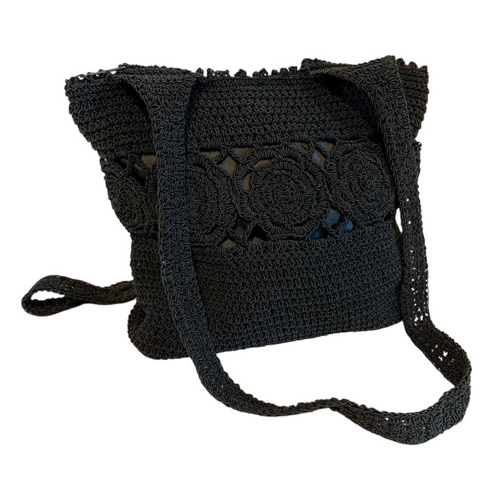 Black Crochet Macrame Floral Shoulder Bag Woven Flowers Double Handle Lined Boho